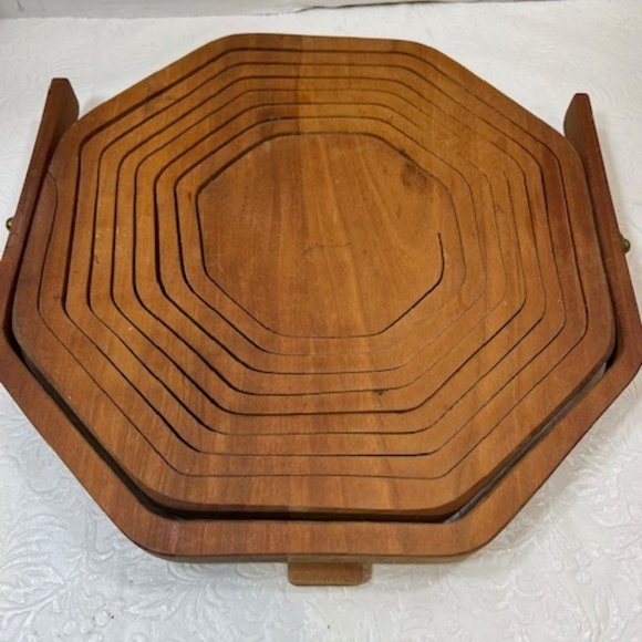 VTG Collapsible Octagon Wooden Fruit Bowl Basket Expandable, Foldable w/Handles - Picture 4 of 14